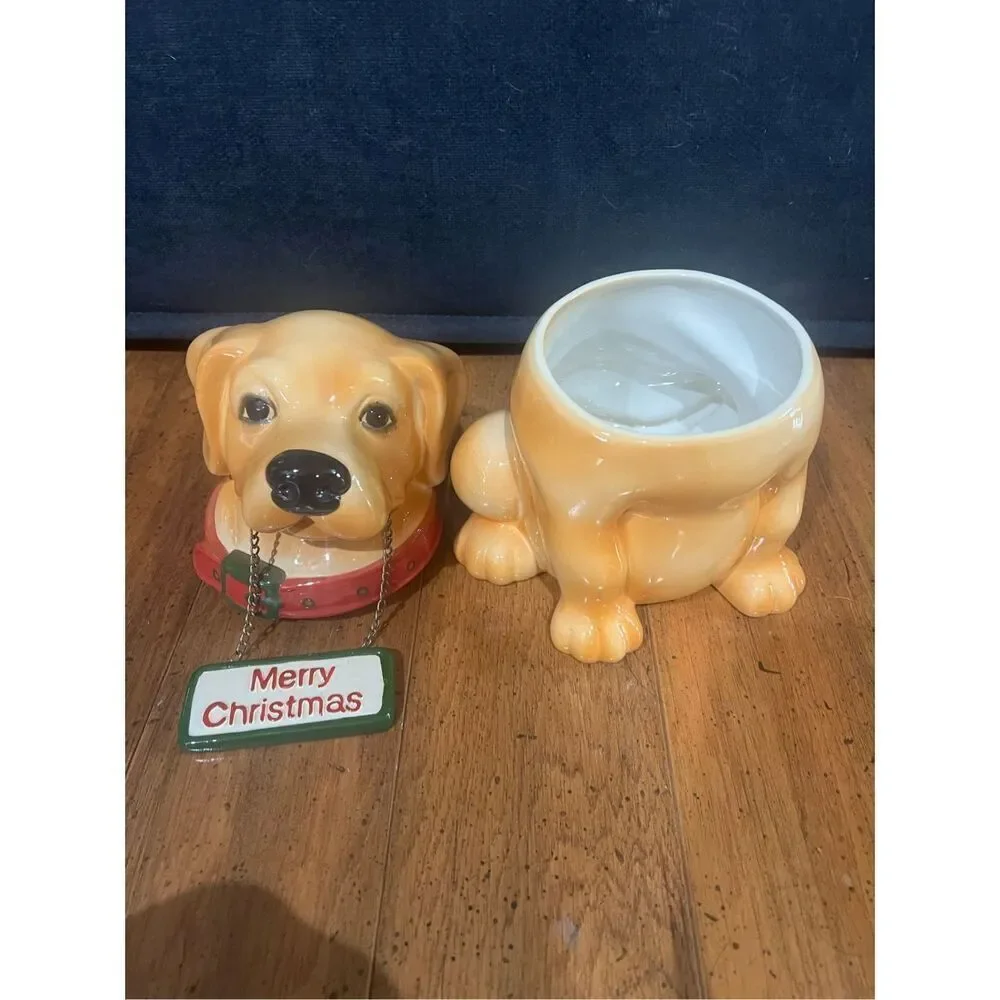 CKRO Puppy Dog Ceramic Merry Christmas or Welcome Sign Cookie Jar